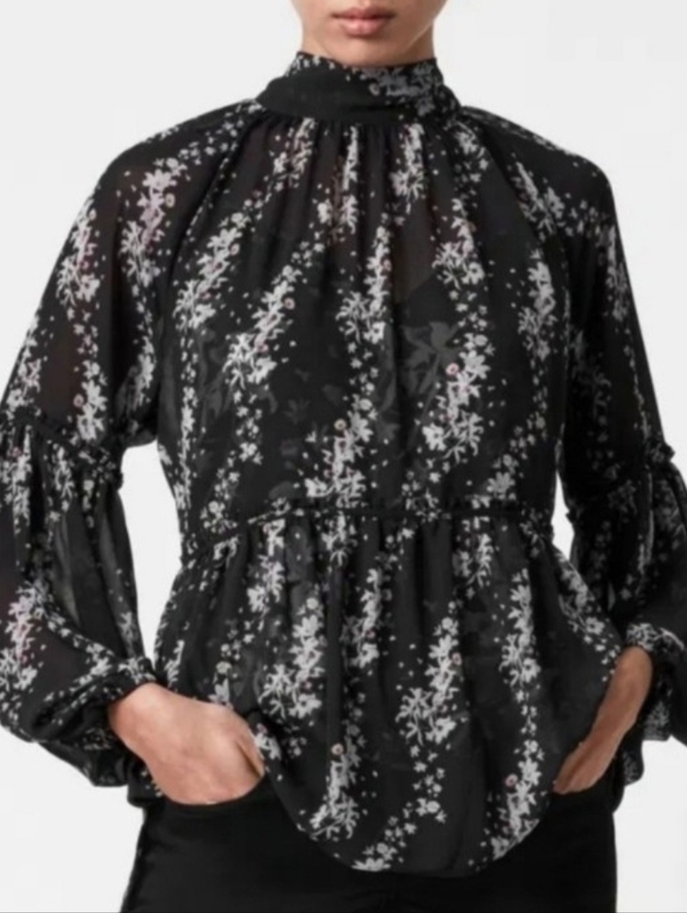 ALL SAINTS Long Sleeve Eimear Cultivar Floral Shiffon Top Plus Tank Black Size 2